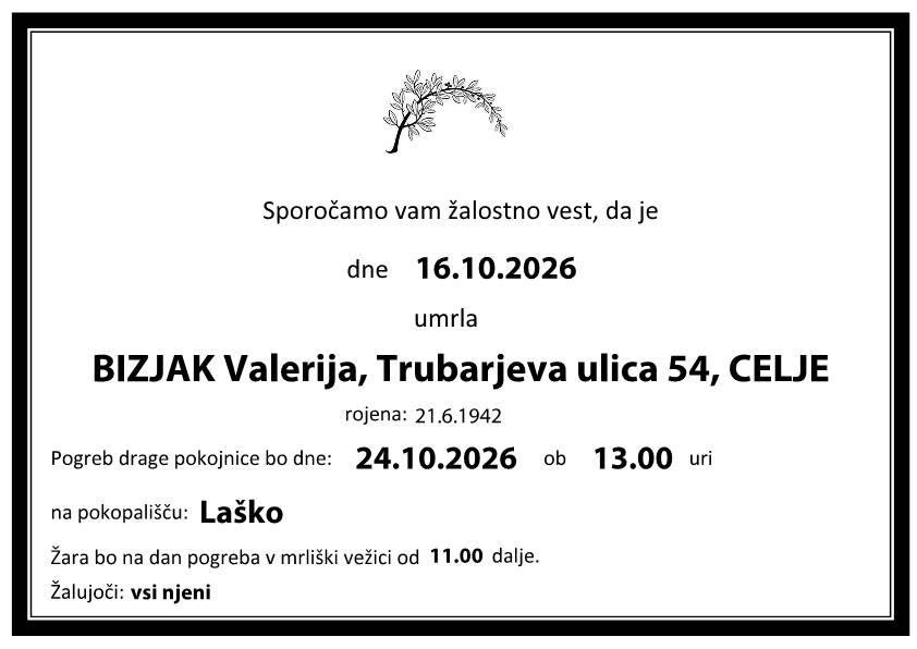 Osmrtnica Valerija BIZJAK