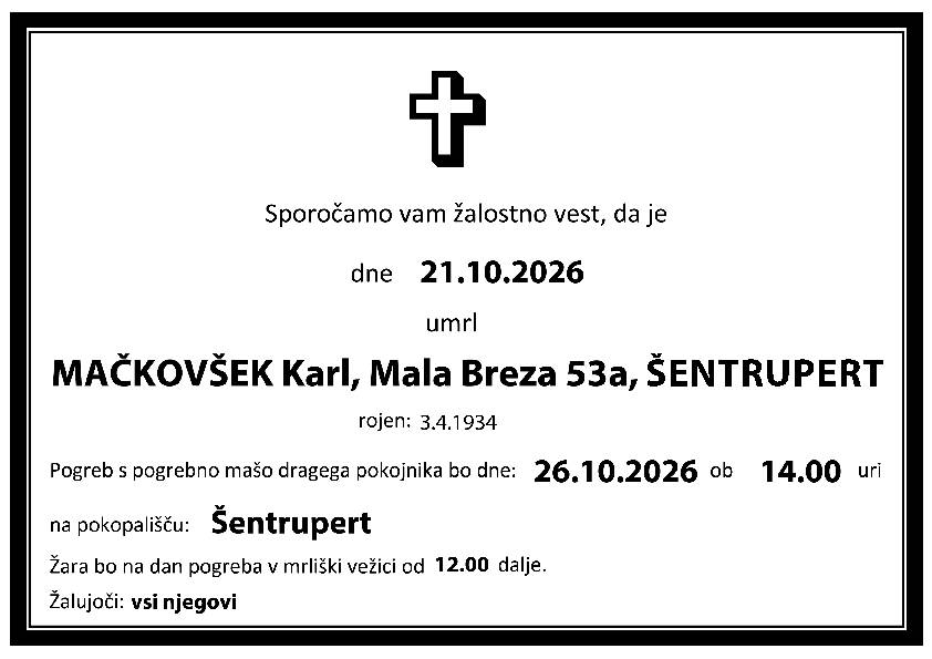 Osmrtnica Karl MAČKOVŠEK