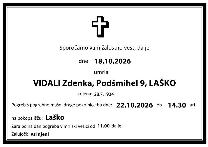 Osmrtnica Zdenka VIDALI