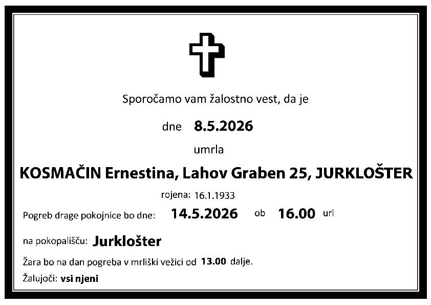 Osmrtnica Ernestina KOSMAČIN