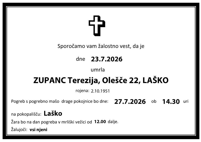 Osmrtnica Terezija ZUPANC